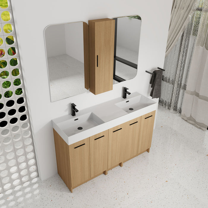 Double Sink Bathroom Vanity Set With Tall Linen Cabinet, Extra Large Storage, Integrated Sink, Freestanding Cabinet - Light Oak / White Home Essentials
