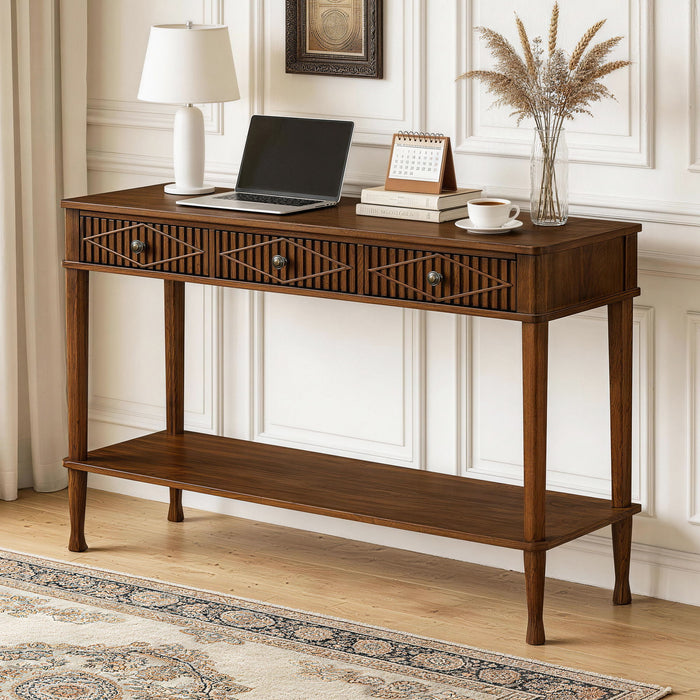 Console Table With Reeded Diamond Pattern Drawer Fronts, Open Storage Shelf For Living Room - Walnut Home Essentials