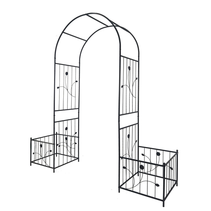 Metal Garden Arch With Two Plant Stands Wide High Climbing Plants Support Rose Arch Outdoor - Black Daily Nest