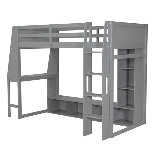 Gaming Loft Bed With Desk, Multi Storage Shelves, LED Lighting, And Hanging Clothes Rack Hearth and Haven