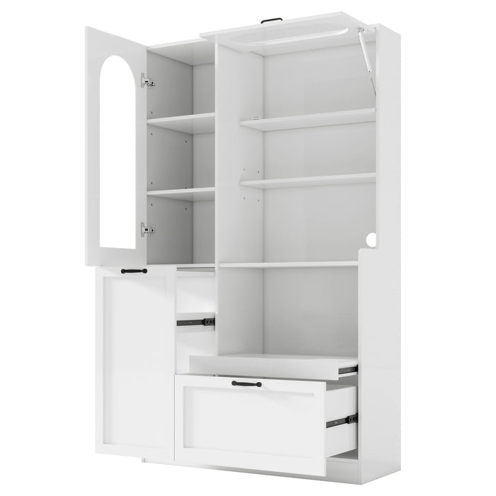 Tall Freestanding Kitchen Pantry Cabinet With Arched Glass Door Hearth and Haven