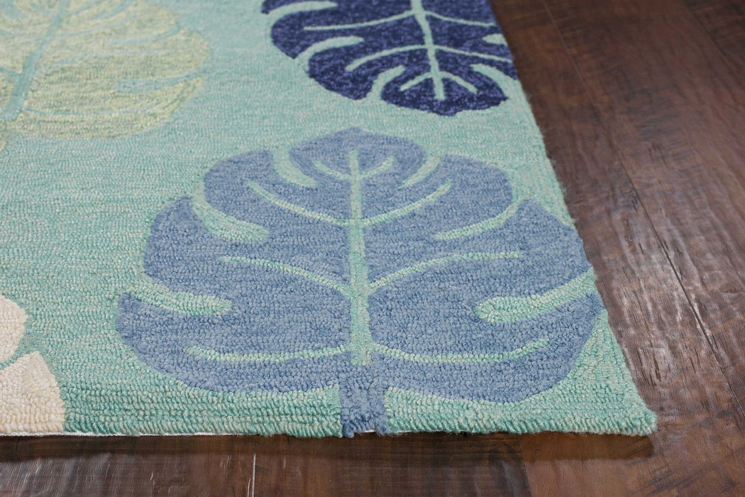 5' X 8' Hand Hooked UV Treated Tropical Leaves Indoor / Outdoor Area Rug - Turquoise Blue