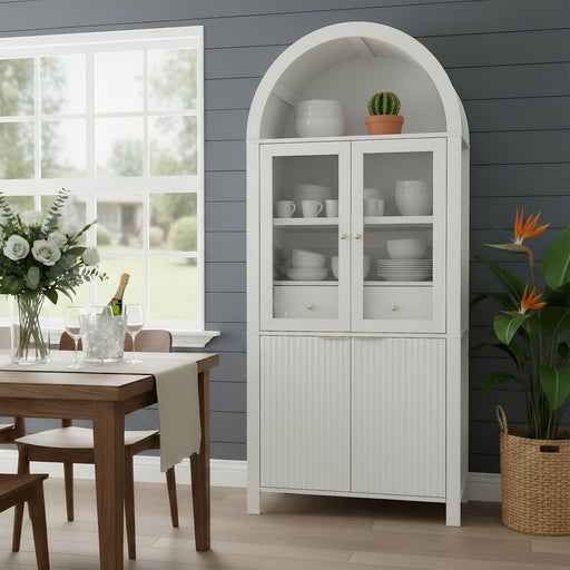 Fluted Tall Arched Pantry Cabinet With Adjustable Shelves, Glass Door & Hidden Drawer For Kitchen Home Essentials