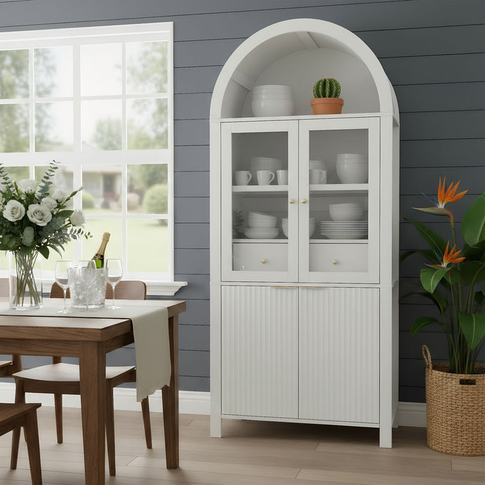 Fluted Tall Arched Pantry Cabinet With Adjustable Shelves, Glass Door & Hidden Drawer For Kitchen Home Essentials