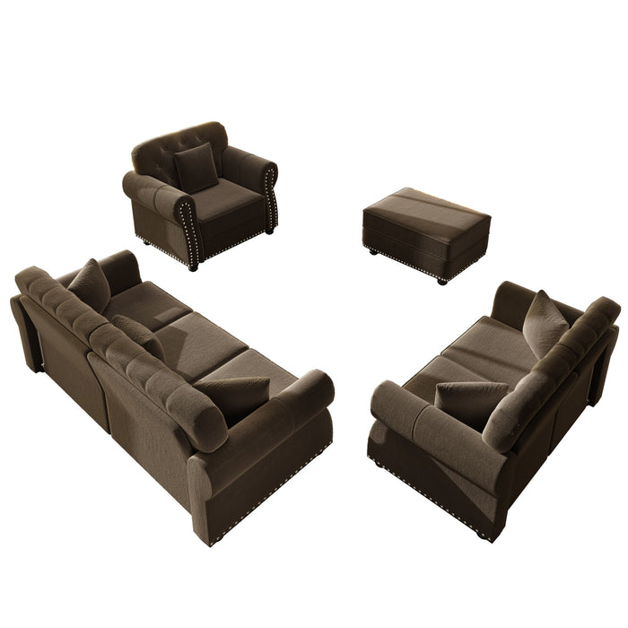 Upholstered Sofa Set With Nailhead Trim And Rolled Armrests, Includes Pillows