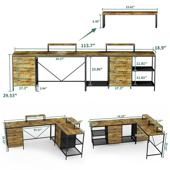 Industrial L Shaped Desk With Power Hub With 6 Drawers And Adjustable Monitor Stands - Brown Home Essentials
