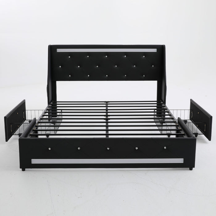 Wingback Upholstered Bed Frame With LED Lights, Charging Station Home Essentials