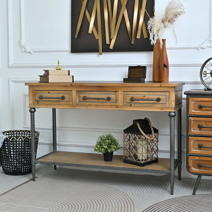 Accent Storage Console Table With Open Shelf And 3 Drawers For Living Room - Natural Wood / Brown Home Essentials