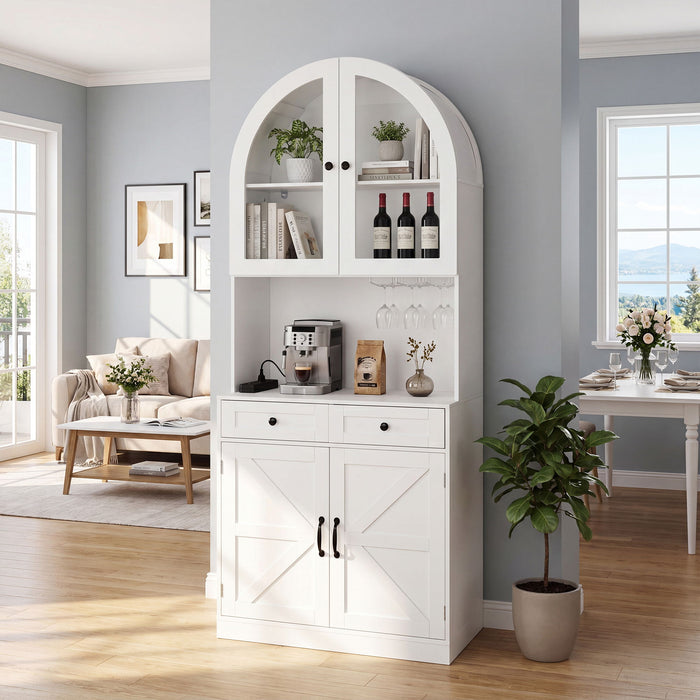 Tall Arched Pantry Cabinet With Charging Station, Adjustable Shelves, Coffee Bar Home Essentials
