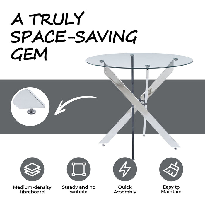 Dining Table With Cross Metal Leg And Tempered Glass, Modern Space Saving Kitchen Table For Living Room