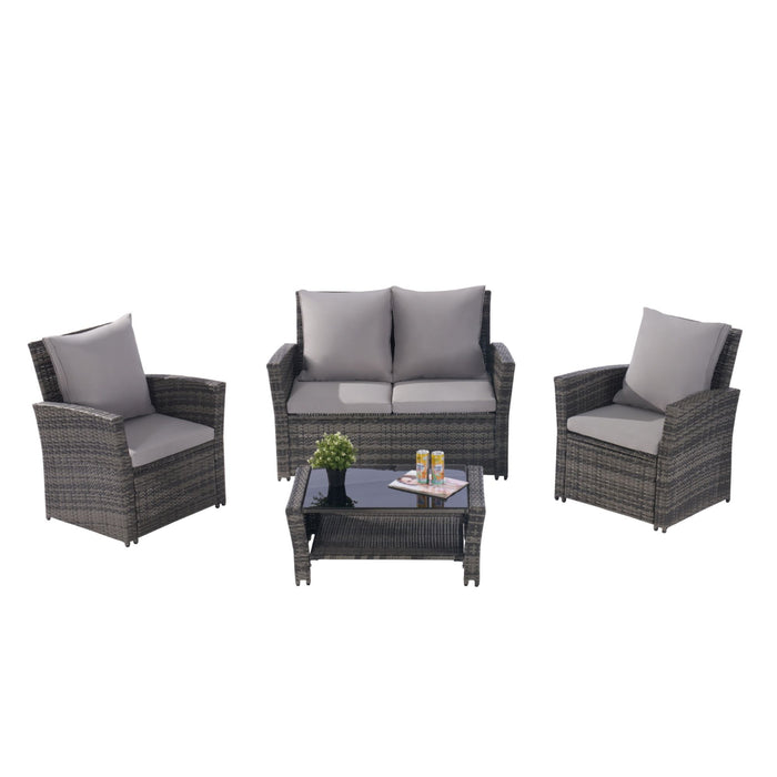 4 Pieces Outdoor Patio Furniture Sets Garden Rattan Chair Set, Poolside Lawn Chairs With Tempered Glass Coffee Table Porch Furniture - Dark Gray