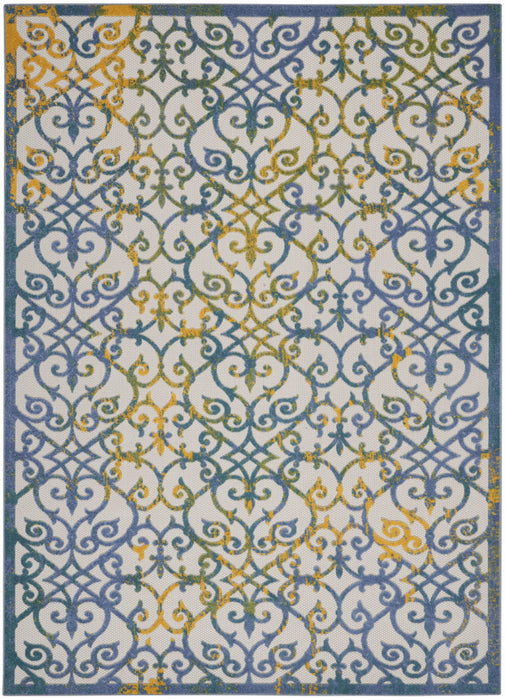 10' X 13' Damask Non Skid Indoor / Outdoor Area Rug - Ivory / Blue