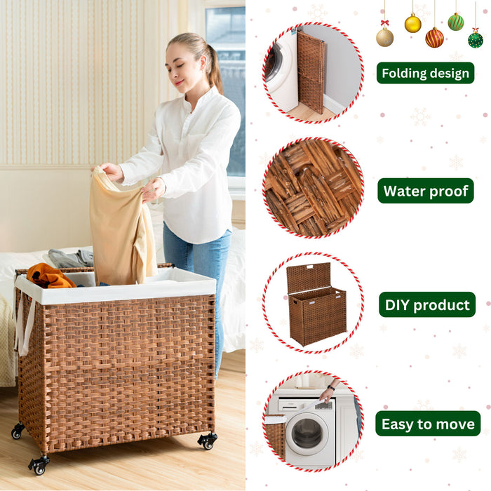 Laundry Hamper With Lid PE Rattan Powder Coating Frame Clothes Hampers With 2 Removable Bags