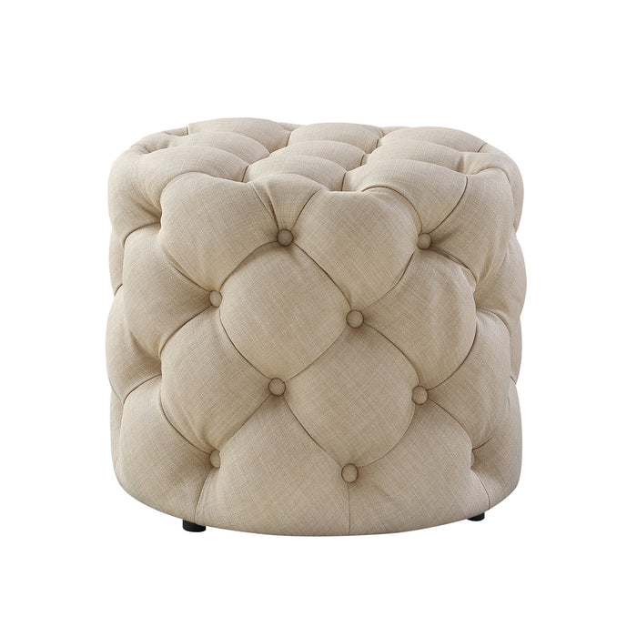 Linen Tufted Round Ottoman - Beige