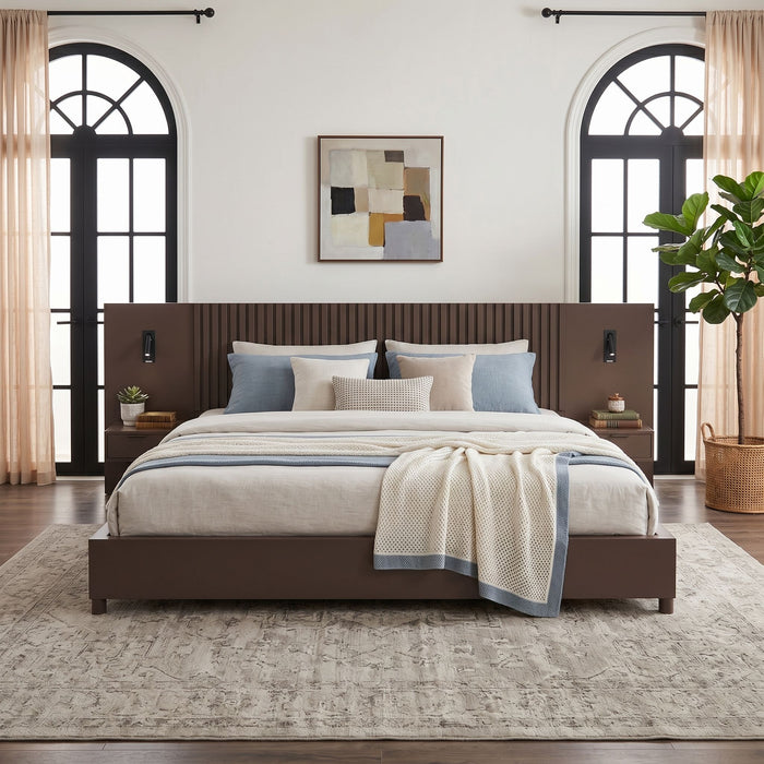 Platform Bed Frame With Built In Nightstands & Reading Lights Noble House