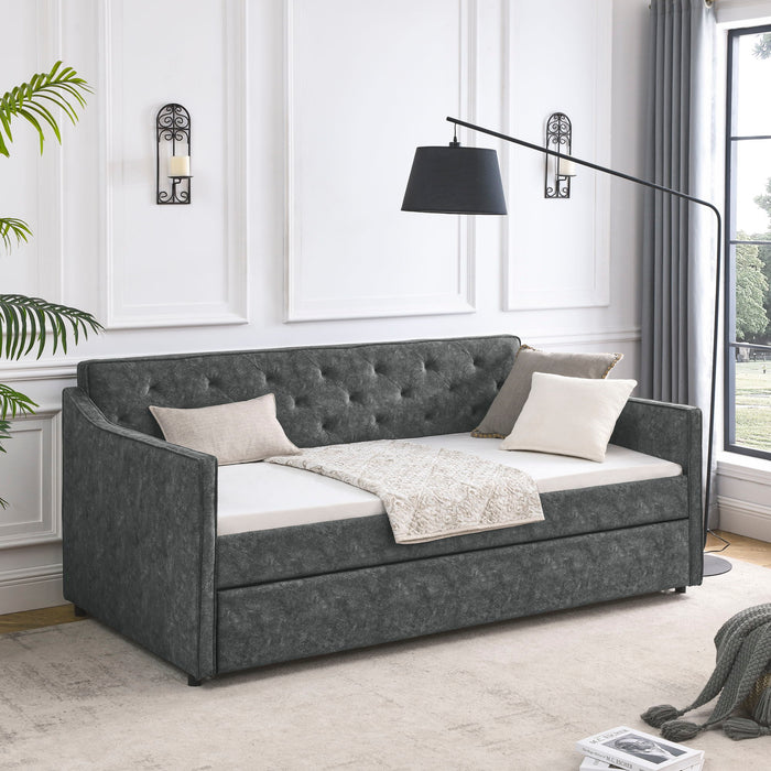 Twin Upholstered Daybed With Trundle, Waved Arms - Gray Home Essentials