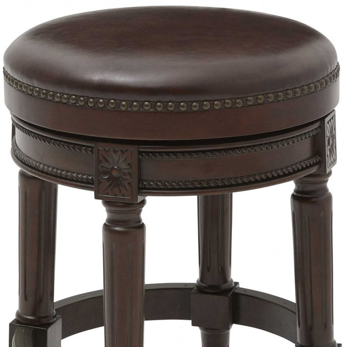 Brown Faux Leather Swivel Backless Counter Height Bar Chair - Dark Brown And Wood