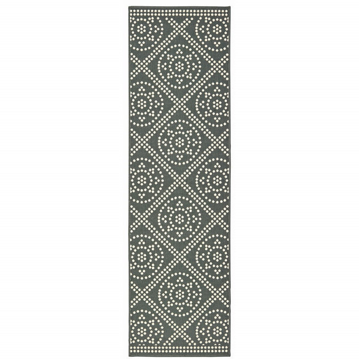 2' X 8' Geometric Stain Resistant Outdoor / Indoor Area Rug - Gray / Ivory