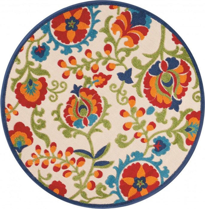 4' Round Round Floral Indoor & Outdoor Area Rug - Green / Ivory