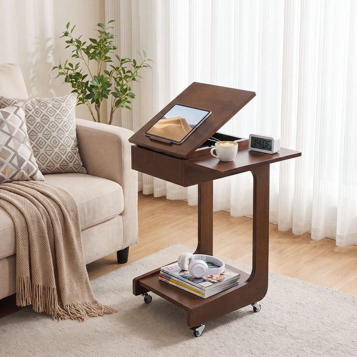 C - Shaped End Table, Rolling With 360° Adjustable & Foldable Desktop, Couch Table With Laptop Stand For Living Room - Walnut Home Essentials