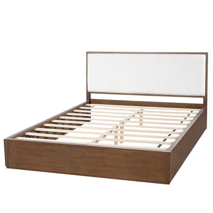 Queen Low Profile Design Bed With Upholstered Headboard - Beige / Walnut Brown Noble House