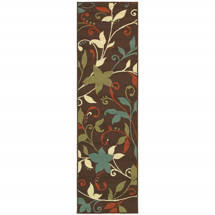 8' Runner Floral Stain Resistant Indoor / Outdoor Runner Rug - Brown