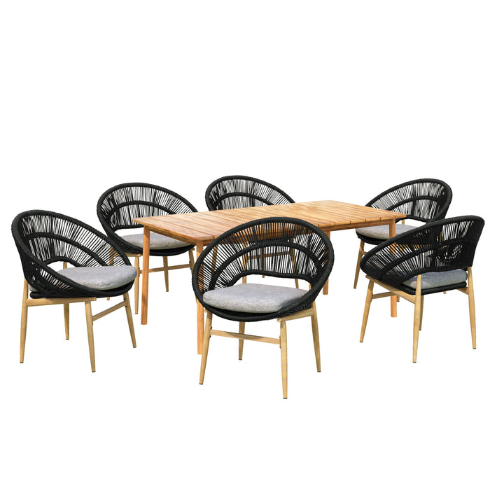 Cyril - Outdoor Patio 7 Piece Dining Set With Wicker Chairs And Table - Dark Gray / Teak