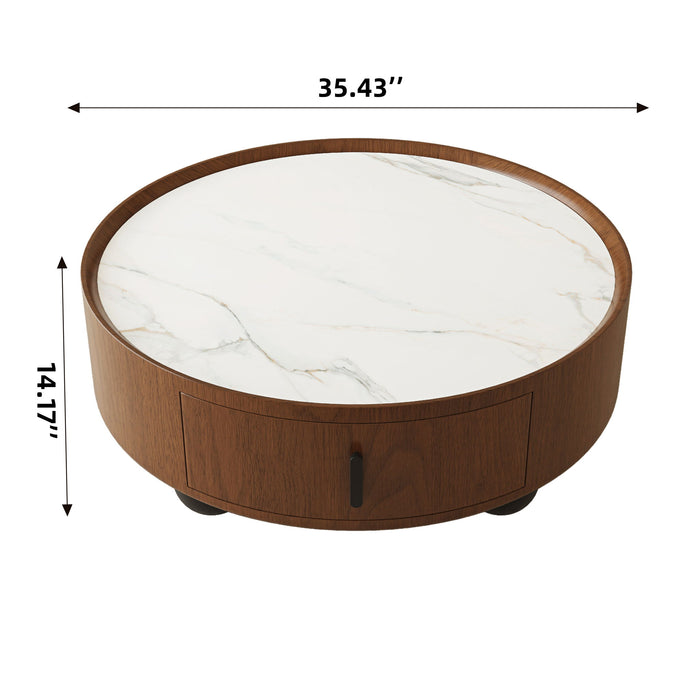 Round Coffee Table With Ball Feet, Pull Handle Storage Drawer - Bouguer Walnut / Brown Home Essentials