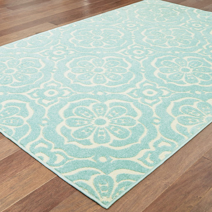 10' X 13' Floral Stain Resistant Indoor / Outdoor Area Rug - Blue / Ivory