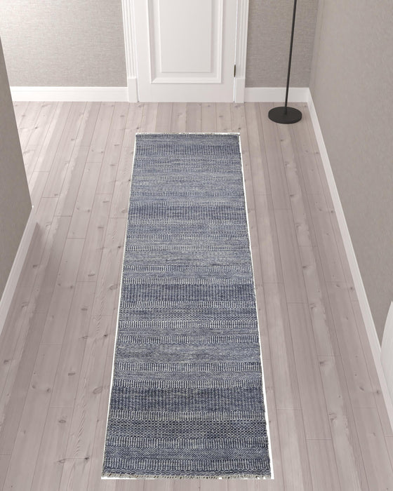 Striped Hand Knotted Runner Rug - Blue And Gray Wool - 10'