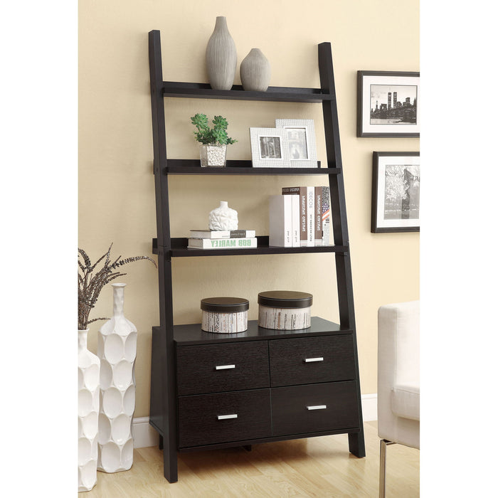 Shasta - 5 Shelf Ladder Bookshelf With Drawers - Cappuccino Furniture Max