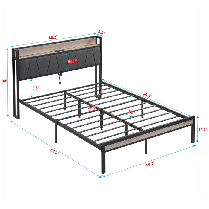 Modern Bed Frame With LED Lights, Upholstered Headboard, USB Charging