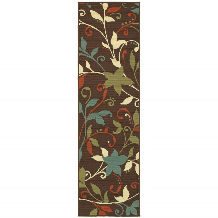 8' Runner Floral Stain Resistant Indoor / Outdoor Runner Rug - Brown