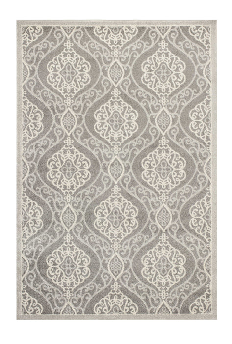 5' X 8' Machine Woven UV Treated Floral Ogee Indoor / Outdoor Area Rug - Silver