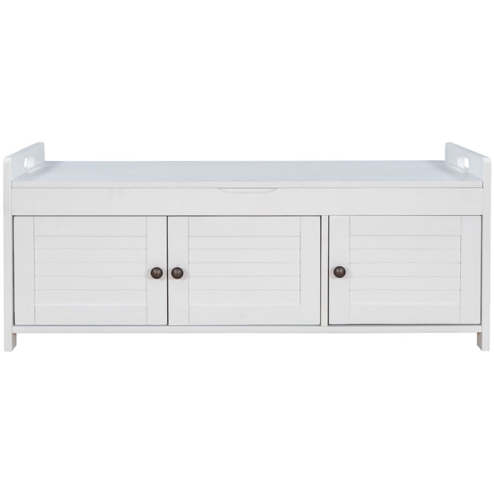 Storage Bench With 3 Shutter-Shaped Doors, Shoe Bench With Removable Cushion And Hidden Storage Space Hearth and Haven