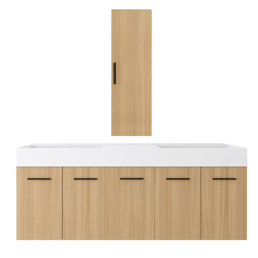 Floating Double Sink Bathroom Vanity Set With Tall Linen Cabinet, Extra Large Storage, Integrated Sink, Soft Close Doors - Glossy White / Light Oak Home Essentials