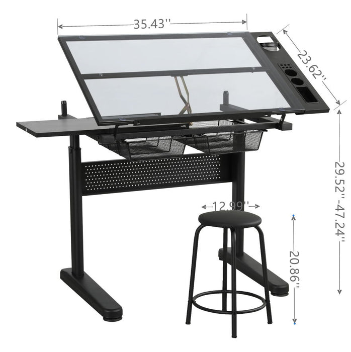 Hand Crank Adjustable Drafting Table Drawing Desk With 2 Metal Drawers (Black) With Stool