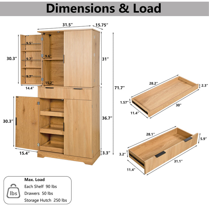Fluted Kitchen Pantry Cabinet With 3 Keyboard Drawers & 6 Door Shelves Adjustable Home Essentials