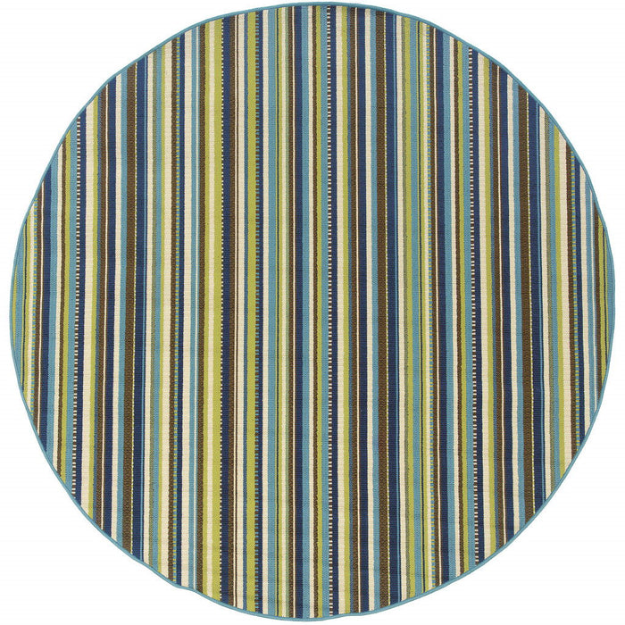 8' X 8' Round Striped Stain Resistant Indoor / Outdoor Area Rug - Blue / Green