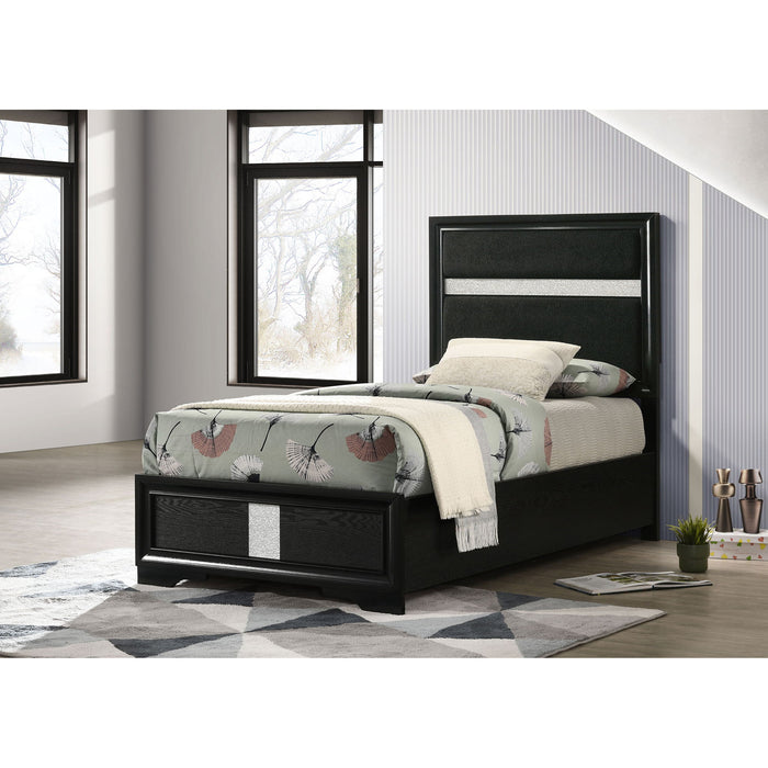 Panel Bed With Padded Headboard And Glittering Accent Stripes Furniture Max