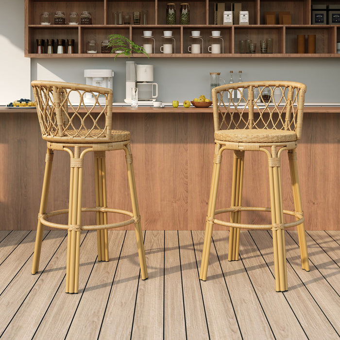 Bohemia - Outdoor Brown Wicker Bar Stool (Set of 2) With Metal Frame And Faux Rattan - Light Brown