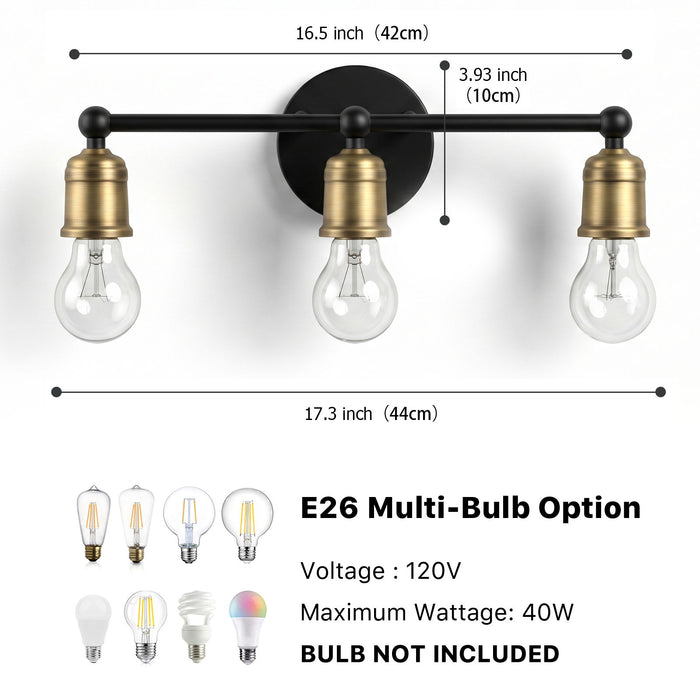 3 Light Wall Sconce, Vanity Light, No Bulbs Included - Black / Gold Daily Nest