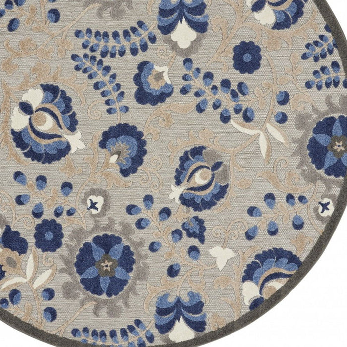 4' Round Round Floral Indoor & Outdoor Area Rug - Gray / Blue