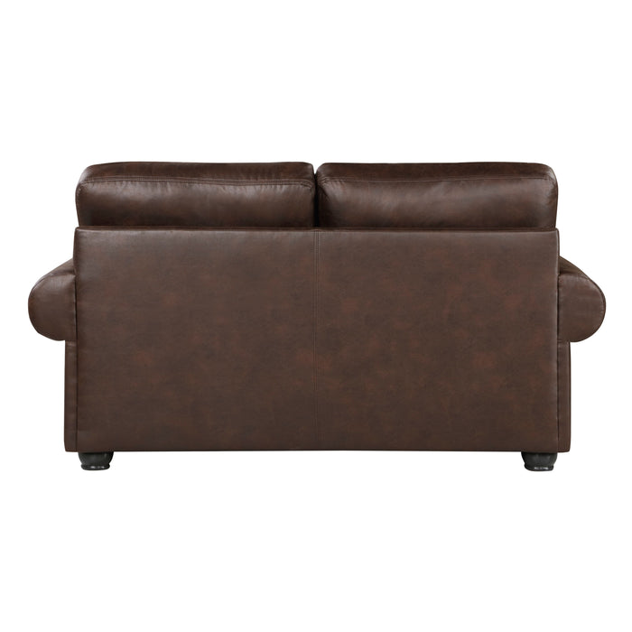 Dark Brown 1 Piece Loveseat Traditional Design Rolled Arms Polished Microfiber Upholstered Nailhead Trim 4 Pillows Solid Wood Frame Living Room Furniture