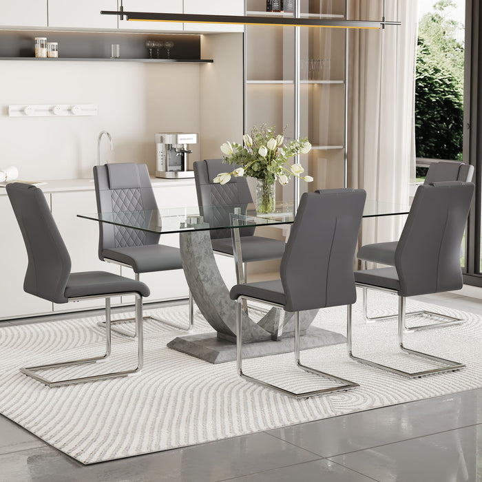1 Table And 6 Chairs Set, Large Rectangular Table, Equipped With Table Top And MDF Table Legs, Paired With 6 Chairs With Faux Leather Padded Seats And Metal Legs - MDF / Glass