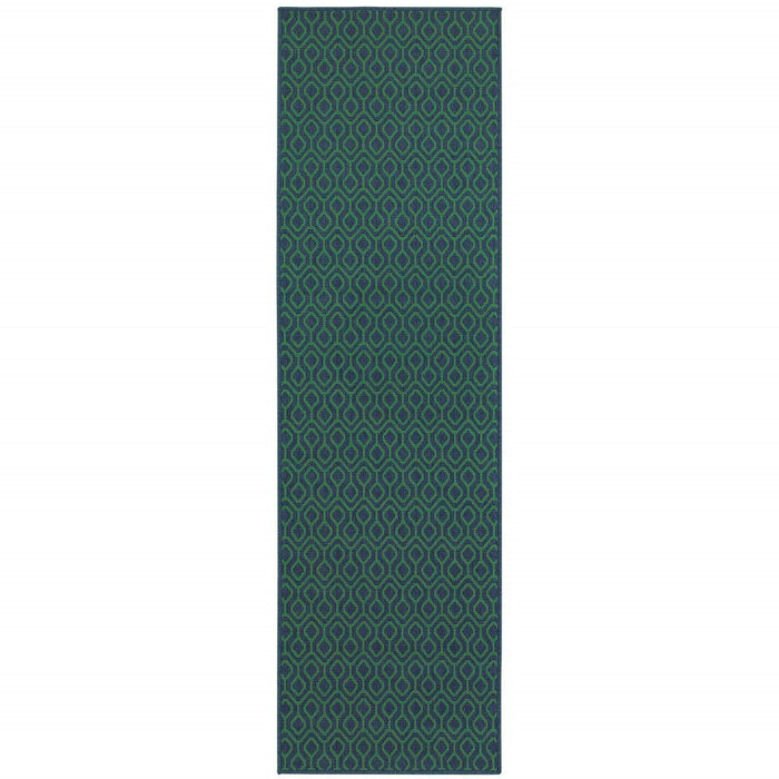 2' X 8' Geometric Stain Resistant Indoor / Outdoor Area Rug - Blue / Green