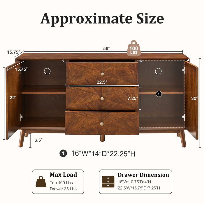 Sideboard Buffet Cabinet With 3 Drawers And 2 Storage Cabinets - Walnut Home Essentials