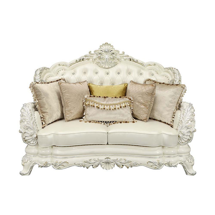 Adara - Loveseat With 5 Pillows - Pearl White Synthetic Leather & Antique White ACME