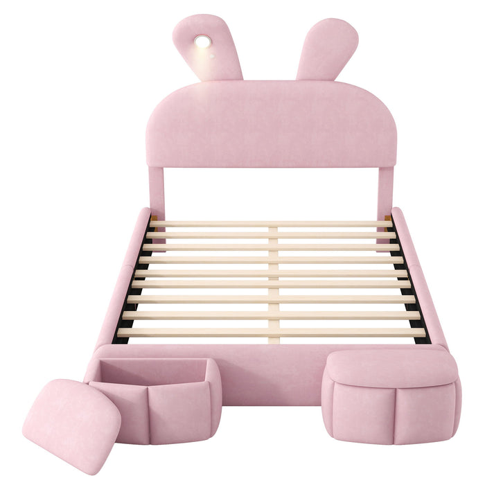 Full Upholstered Platform Bed With Cartoon Ears Headboard And LED Light - Pink Dreamland