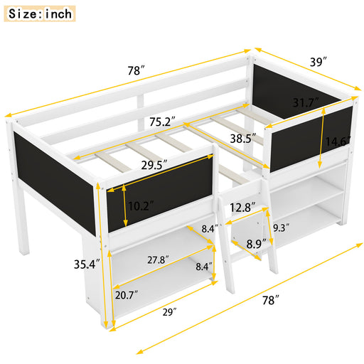 Low Loft Bed With Movable Shelves And Ladder, Decorative Chalkboard Guardrail Hearth and Haven